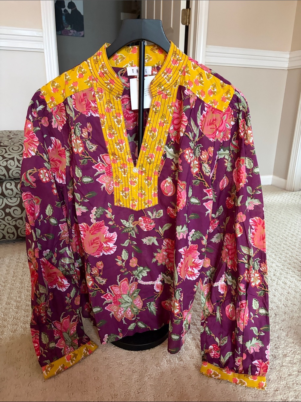 THML Plum Floral Boho Split-Neck Blouse with Yellow Trim